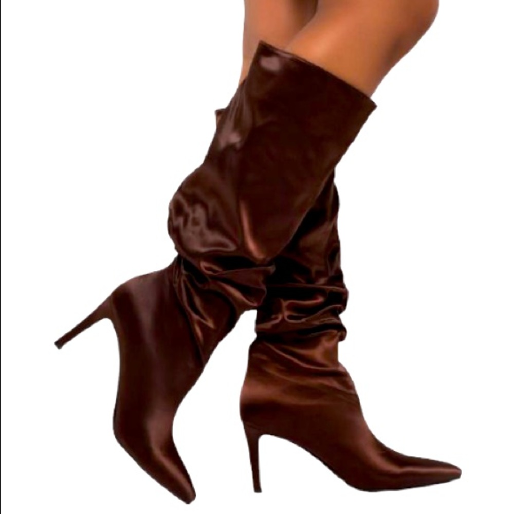 AZALEA WANG Chocolate Brown Nylon Tall Slouchy Knee High Stiletto Boots